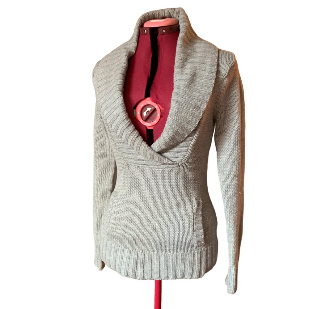 POET - Gray Knit Sweater - V-neck shawl collar with front pocket - Medium